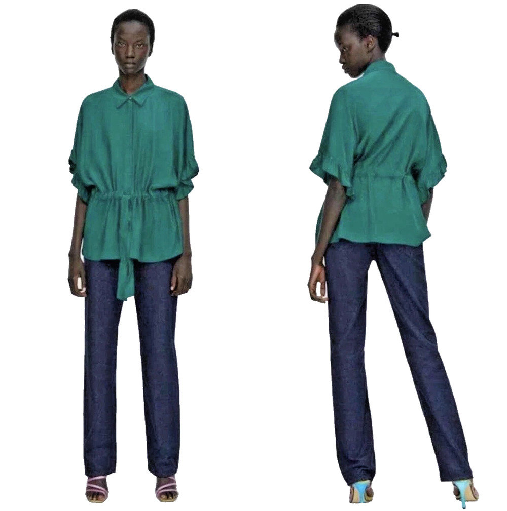 ZARA WOMAN GREEN TEAL RUFFLE SLEEVE DRAWSTRING WAIST BLOUSE TOP XL OVERSIZED